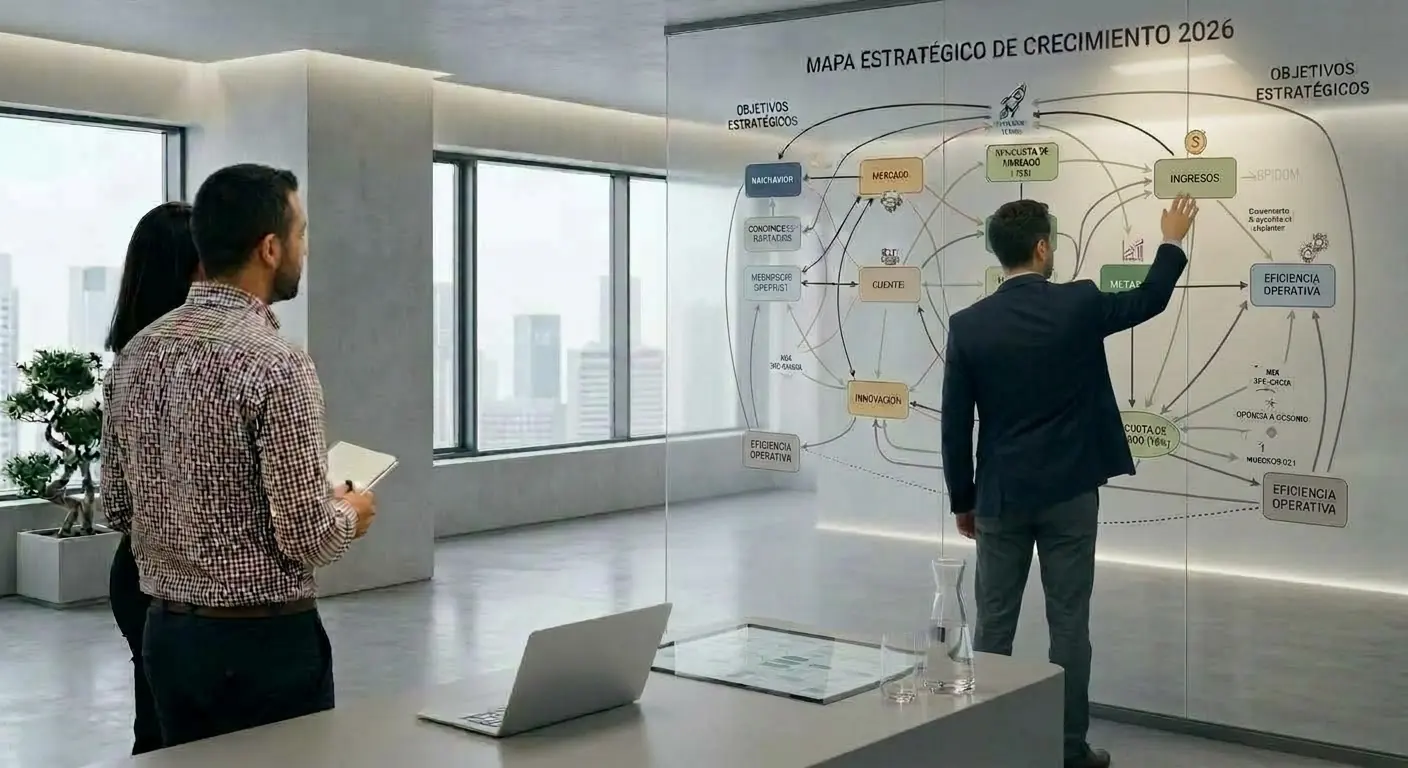 Equipo de trabajo frente a un mapa estratégico en una pared de vidrio